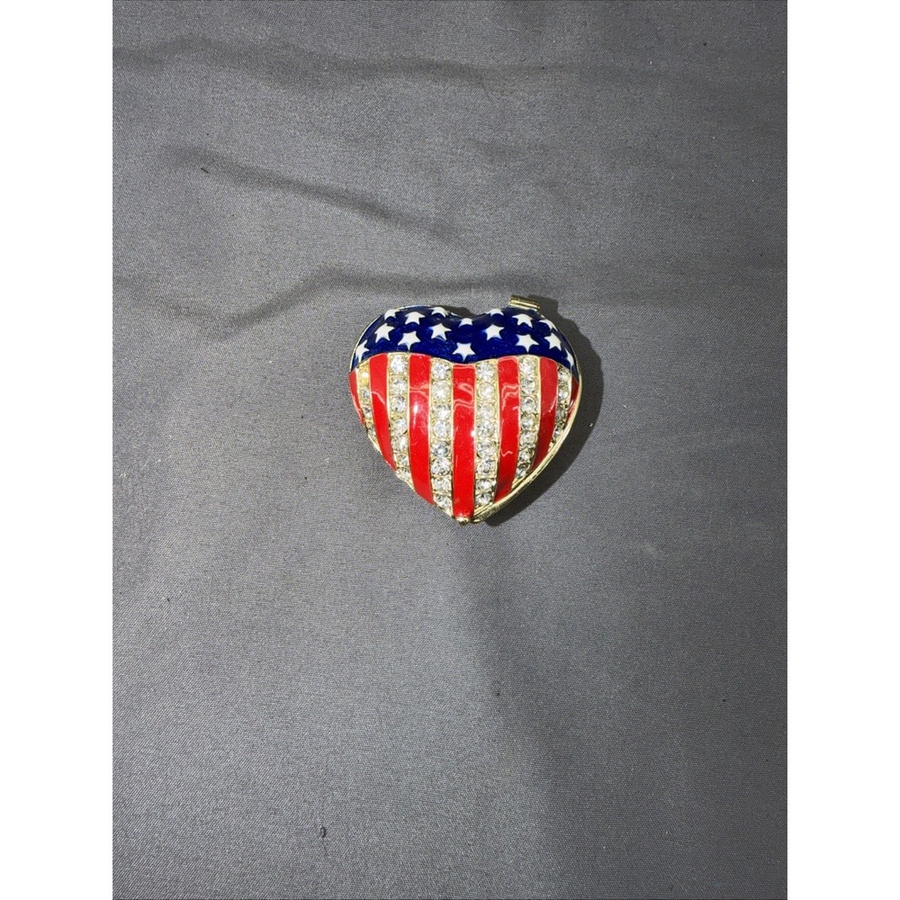 4th of July Heart Trinket Box Patriotic USA Flag Enamel Rhinestone Stars